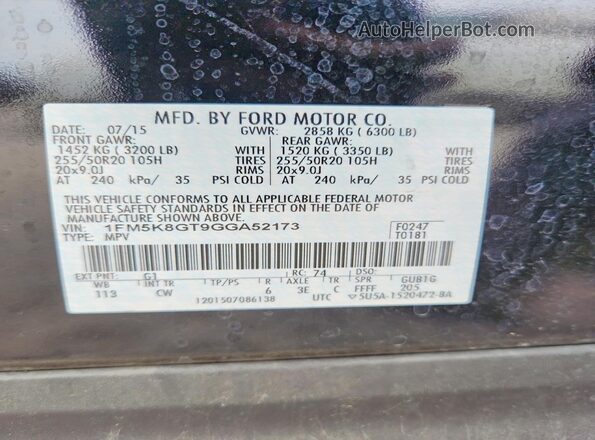 1FM5K8GT9GGA52173 2016 FORD EXPLORER Black VIN կոդի պիտակի տեսք