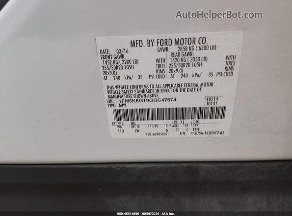 1FM5K8GT9GGC47674 2016 FORD EXPLORER White Вид підкапотного простору