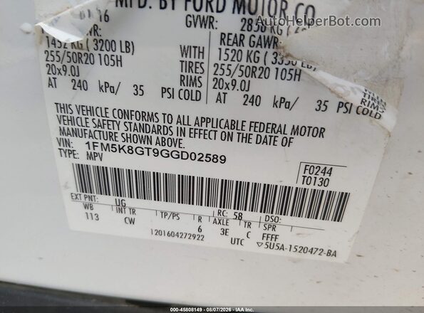 1FM5K8GT9GGD02589 2016 FORD EXPLORER White ძრავის განყოფილების ხედი