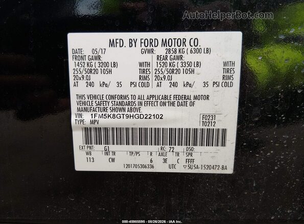 1FM5K8GT9HGD22102 2017 FORD EXPLORER Black ძრავის განყოფილების ხედი