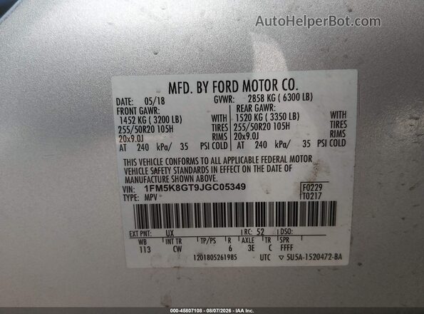 1FM5K8GT9JGC05349 2018 FORD EXPLORER Silver Vista del compartimento del motor