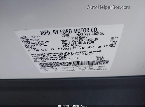 1FM5K8GTXGGA50559 2016 FORD EXPLORER White Շարժիչի բաժամունքի տեսք