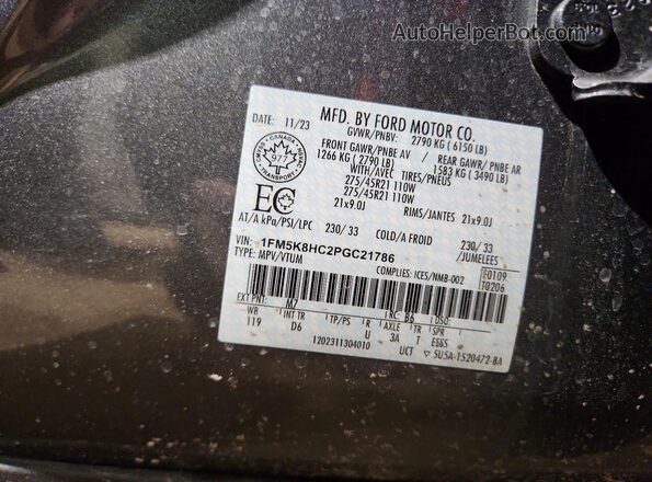 1FM5K8HC2PGC21786 2023 FORD EXPLORER Серый Панорамный вид салона 360°