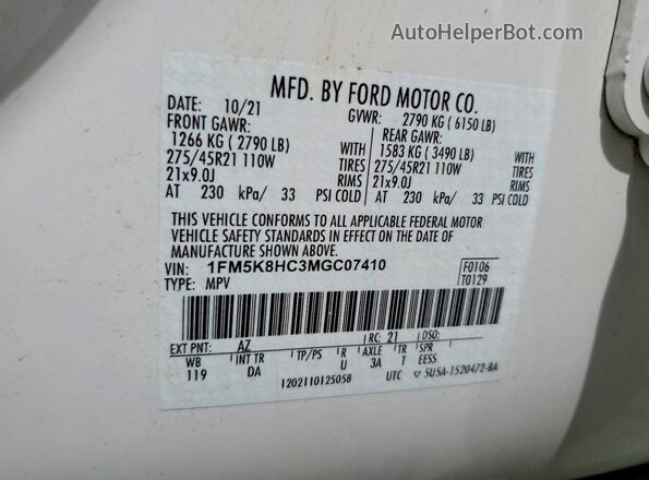 1FM5K8HC3MGC07410 2021 FORD EXPLORER White Widok wnętrza 360 stopni