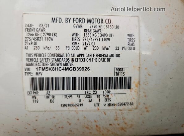 1FM5K8HC4MGB39926 2021 FORD EXPLORER White Панорамний вид салону 360°
