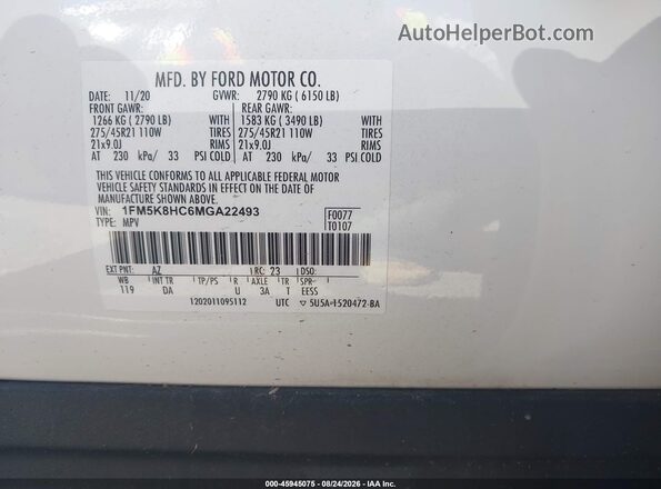 1FM5K8HC6MGA22493 2021 FORD EXPLORER White Vista del compartimento del motor