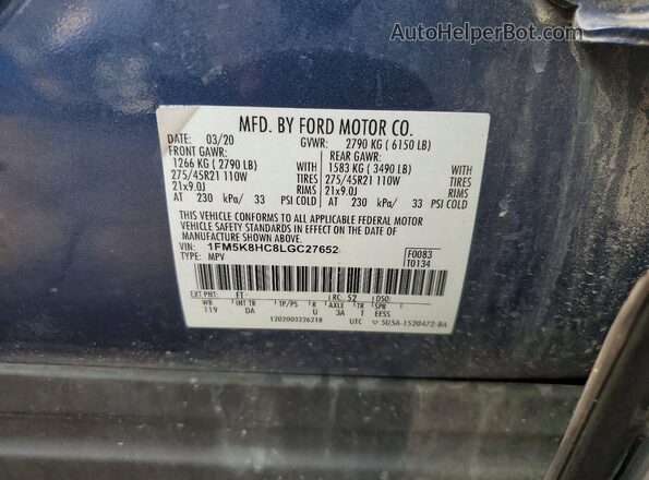 1FM5K8HC8LGC27652 2020 FORD EXPLORER Blue Vista interior de 360 grados