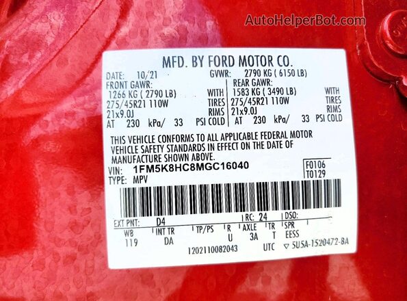 1FM5K8HC8MGC16040 2021 FORD EXPLORER Red Vista de la etiqueta del VIN
