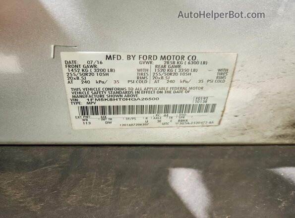 1FM5K8HT0HGA26500 2017 FORD EXPLORER Silver VIN sticker view