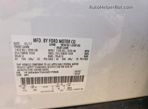 1FM5K8HT0HGD17868 2017 FORD EXPLORER White Вид підкапотного простору