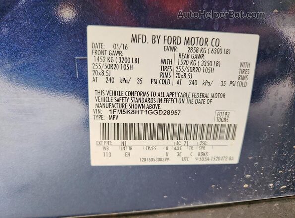1FM5K8HT1GGD28957 2016 FORD EXPLORER Blue Widok naklejki z numerem VIN