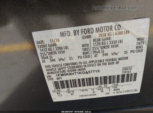 1FM5K8HT1KGA57715 2019 FORD EXPLORER Gray Engine compartment view