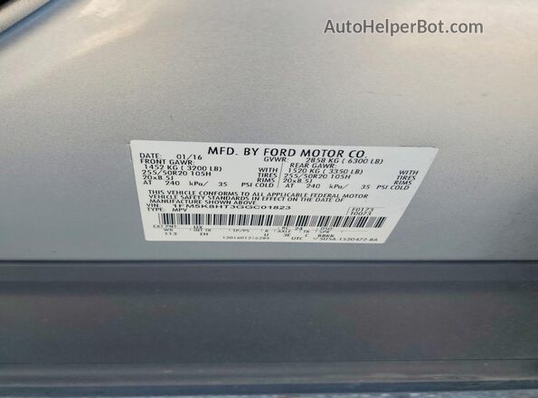 1FM5K8HT3GGC01823 2016 FORD EXPLORER Серебряный Вид наклейки с VIN-кодом