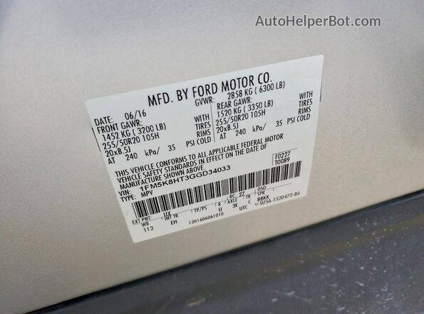 1FM5K8HT3GGD34033 2016 FORD EXPLORER Silver VIN sticker view