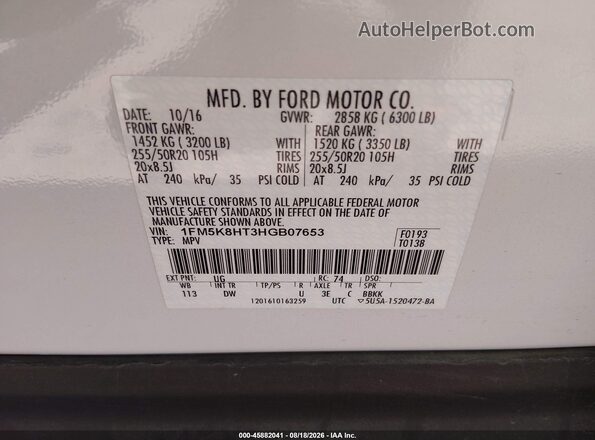 1FM5K8HT3HGB07653 2017 FORD EXPLORER White Widok komory silnika