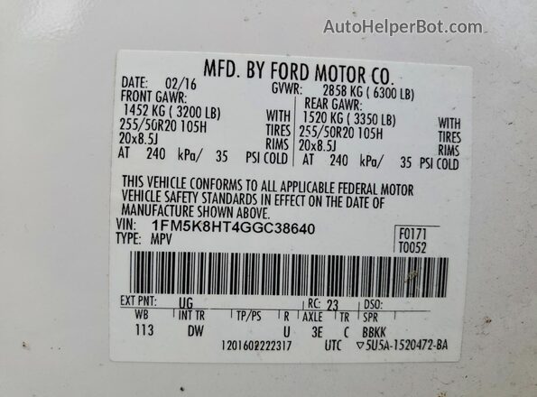 1FM5K8HT4GGC38640 2016 FORD EXPLORER White Вид наклейки з VIN-кодом