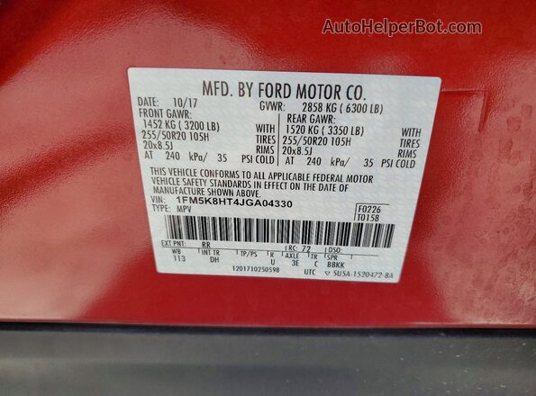 1FM5K8HT4JGA04330 2018 FORD EXPLORER Red VIN կոդի պիտակի տեսք