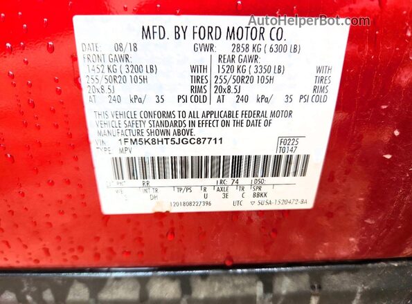 1FM5K8HT5JGC87711 2018 FORD EXPLORER Red Widok wnętrza 360 stopni
