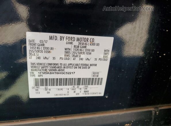 1FM5K8HT6HGC52217 2017 FORD EXPLORER Black VIN sticker view