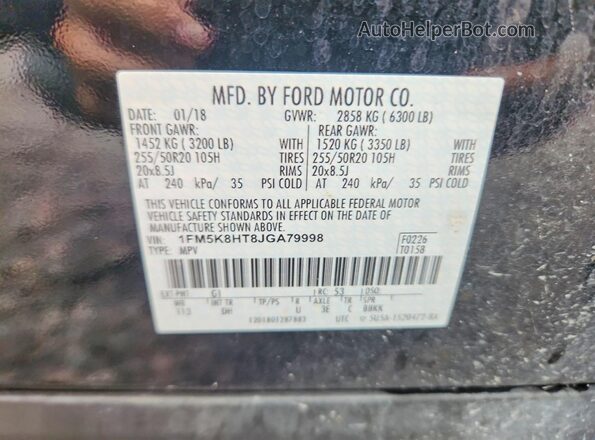 1FM5K8HT8JGA79998 2018 FORD EXPLORER Black Vista de la etiqueta del VIN