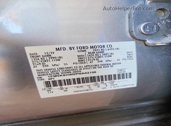1FM5K8HW0PNA02198 2023 FORD EXPLORER Silver Vista de la etiqueta del VIN