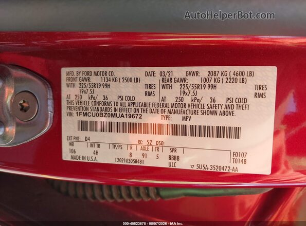 1FMCU0BZ0MUA19672 2021 FORD ESCAPE Red Vista del compartimento del motor