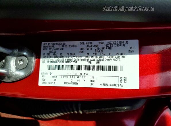 1FMCU0DZ0LUB96251 2020 FORD ESCAPE Red VIN sticker view