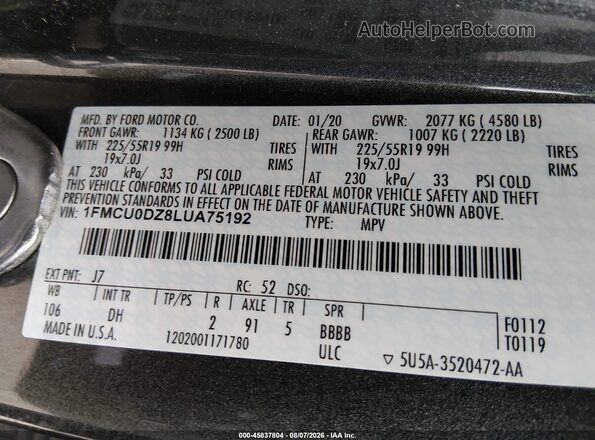 1FMCU0DZ8LUA75192 2020 FORD ESCAPE Gray ძრავის განყოფილების ხედი