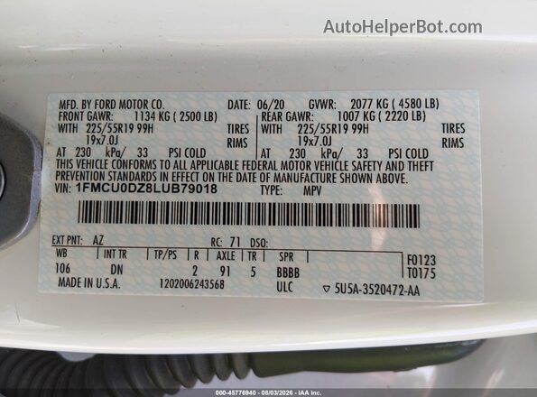 1FMCU0DZ8LUB79018 2020 FORD ESCAPE White Widok komory silnika