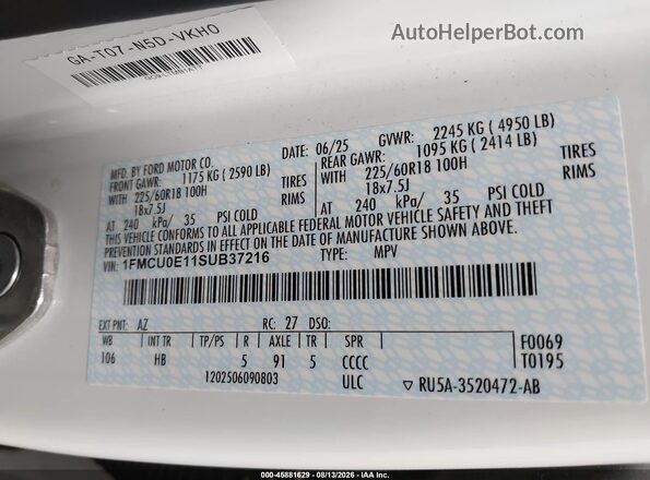 1FMCU0E11SUB37216 2025 FORD ESCAPE White Vista del compartimento del motor