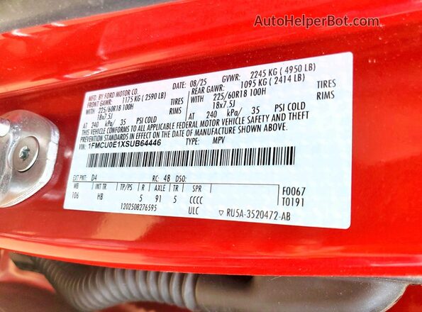 1FMCU0E1XSUB64446 2025 FORD ESCAPE Красный Вид наклейки с VIN-кодом