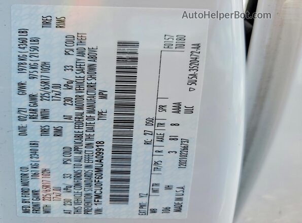 1FMCU0F60MUA09918 2021 FORD ESCAPE White Вид наклейки з VIN-кодом