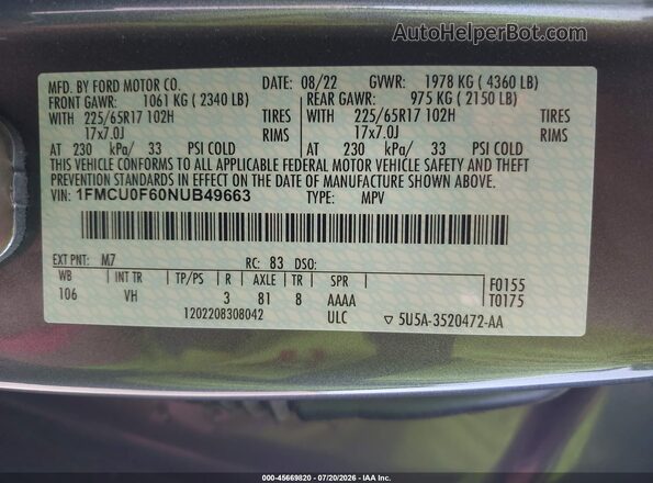1FMCU0F60NUB49663 2022 FORD ESCAPE Gray Widok komory silnika
