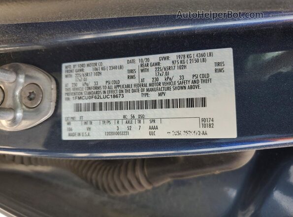 1FMCU0F62LUC18673 2020 FORD ESCAPE Синий Панорамный вид салона 360°