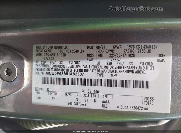 1FMCU0F63MUA82507 2021 FORD ESCAPE Silver Vista del compartimento del motor
