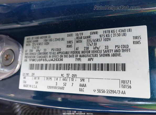 1FMCU0F65LUA25336 2020 FORD ESCAPE Синий Вид подкапотного пространства
