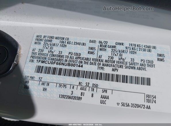 1FMCU0F66NUB00144 2022 FORD ESCAPE Белый Вид подкапотного пространства