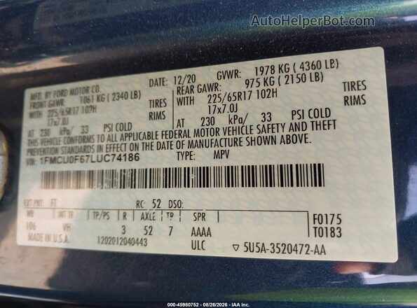 1FMCU0F67LUC74186 2020 FORD ESCAPE Blue ძრავის განყოფილების ხედი