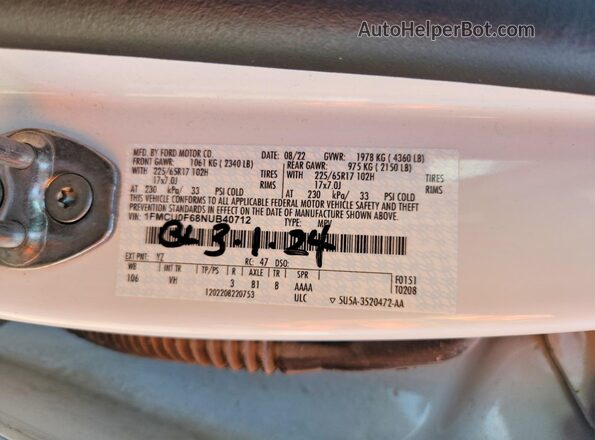 1FMCU0F68NUB40712 2022 FORD ESCAPE White Widok naklejki z numerem VIN