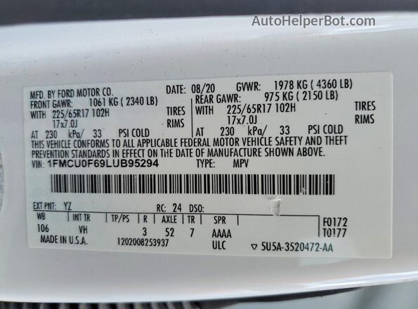1FMCU0F69LUB95294 2020 FORD ESCAPE White Widok wnętrza 360 stopni