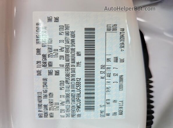 1FMCU0F69LUC55512 2020 FORD ESCAPE White Vista de la etiqueta del VIN