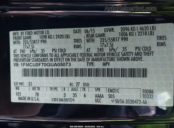 1FMCU0F70GUA05073 2016 FORD ESCAPE Black Вид підкапотного простору