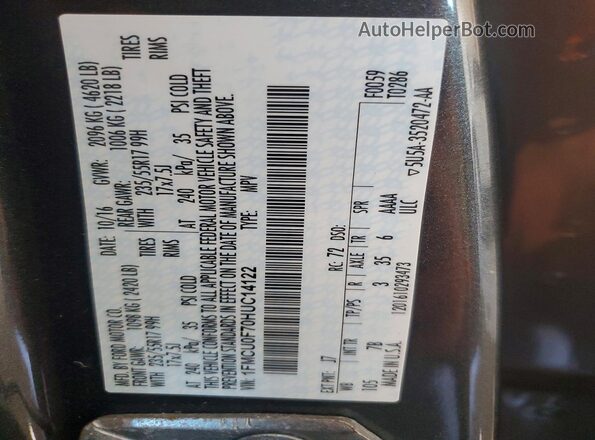1FMCU0F70HUC14122 2017 FORD ESCAPE Gray Vista de la etiqueta del VIN