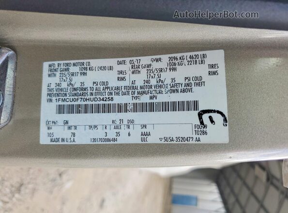 1FMCU0F70HUD34258 2017 FORD ESCAPE Золотой Вид наклейки с VIN-кодом