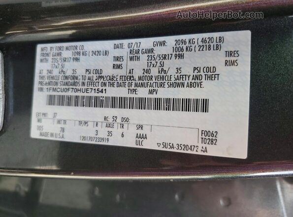 1FMCU0F70HUE71541 2017 FORD ESCAPE Gray Widok wnętrza 360 stopni