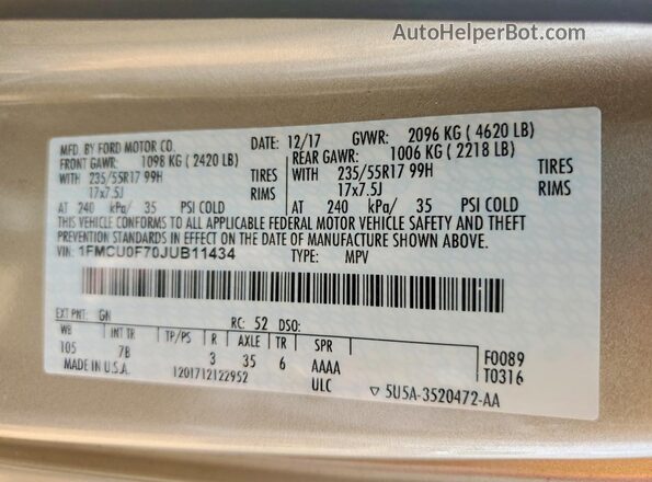 1FMCU0F70JUB11434 2018 FORD ESCAPE Gold ძრავის განყოფილების ხედი