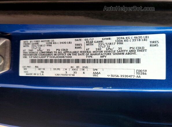1FMCU0F71HUD06100 2017 FORD ESCAPE Blue VIN sticker view