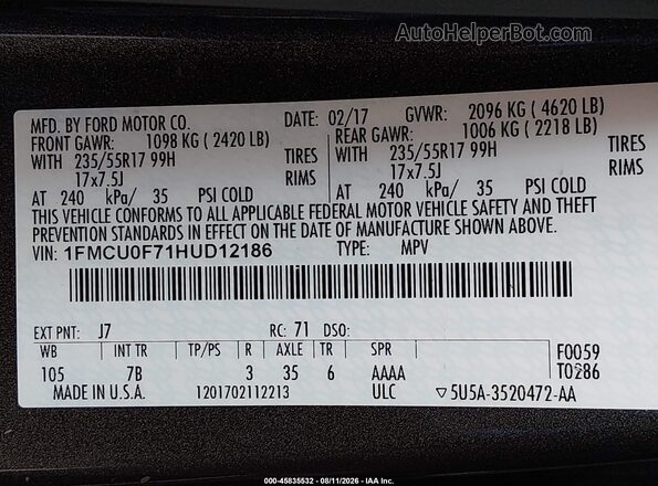1FMCU0F71HUD12186 2017 FORD ESCAPE Gray Engine compartment view