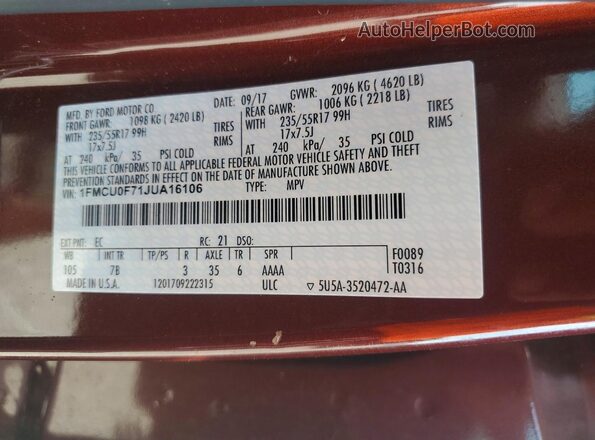 1FMCU0F71JUA16106 2018 FORD ESCAPE Maroon VIN sticker view