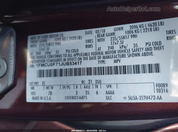 1FMCU0F71JUB53417 2018 FORD ESCAPE Orange Engine compartment view